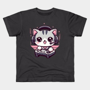 Gamer Kitty Kawaii Cat Playing Video Games Kids T-Shirt